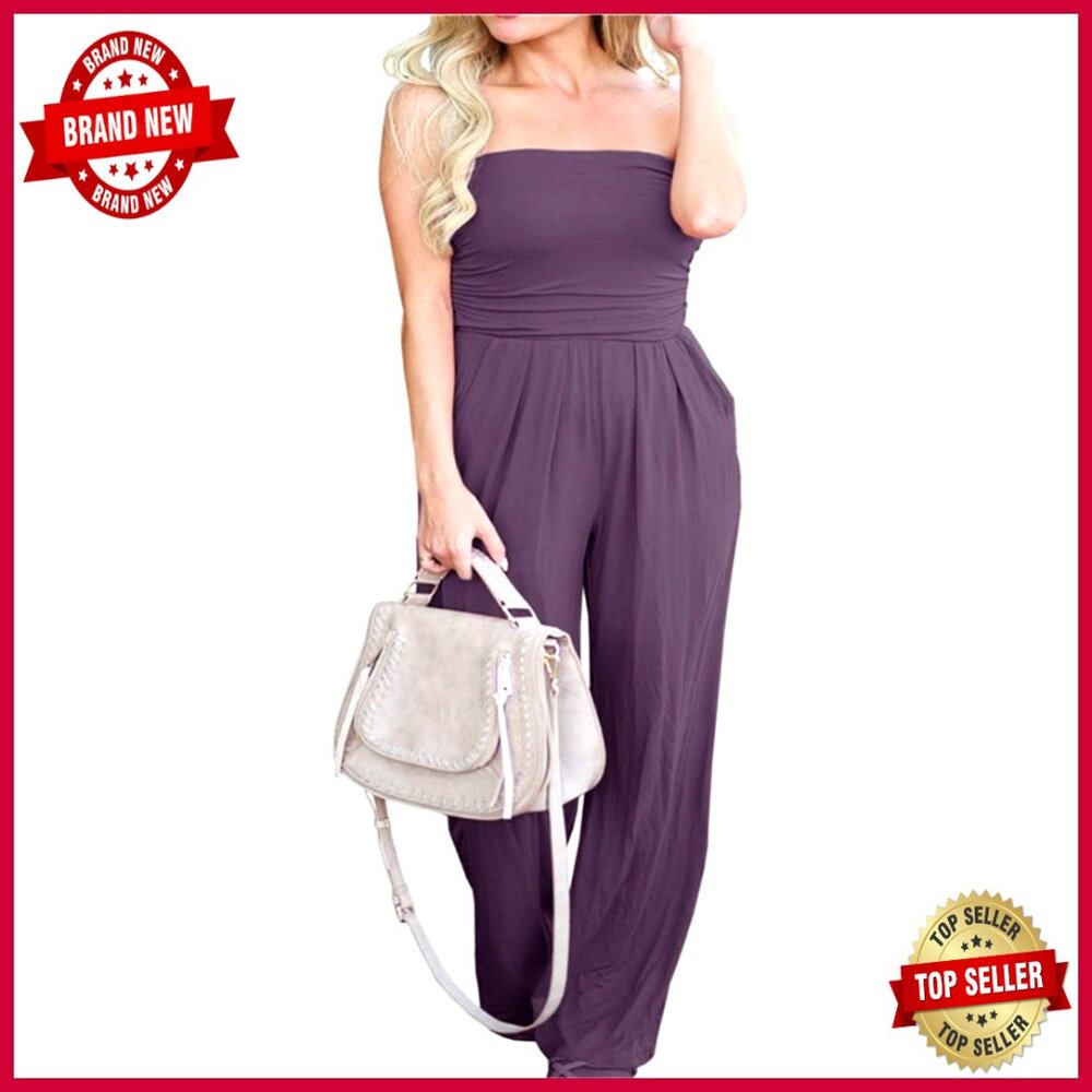 Strapless Off Shoulder Jumpsuit Romper With Pockets Wide Leg Loose Fit